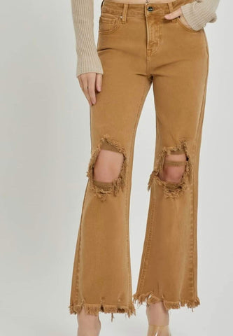 Distressed knee straight leg mocha brown washed