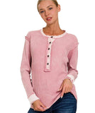 WASHED BABY WAFFLE HENLEY NECKLINE LONG SLEEVE TOP